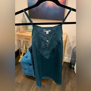 Eyeshadow Maurices crochet Lattice neck satin tank top in enchanted teal green